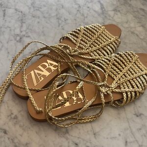 Zara gold tie up sandals